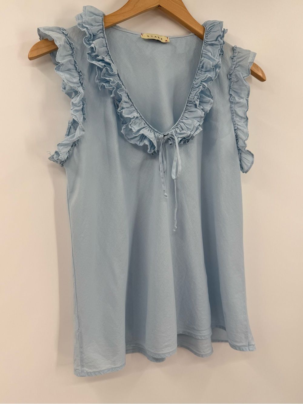 Stark X Ruffle Trim Sleeveless Tie Neck Blouse | Light Blue | Small